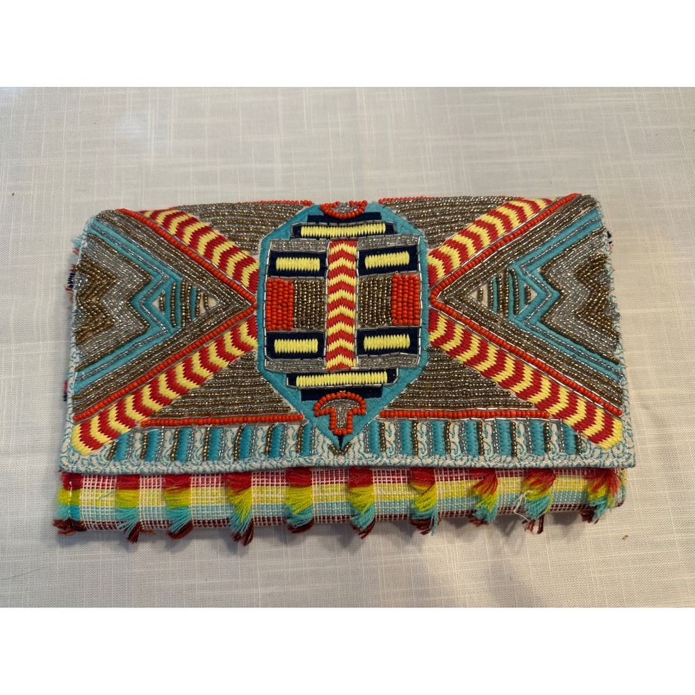 America & Beyond Beaded Boho Fringe Clutch Crossbody Bag Multi Color A472435